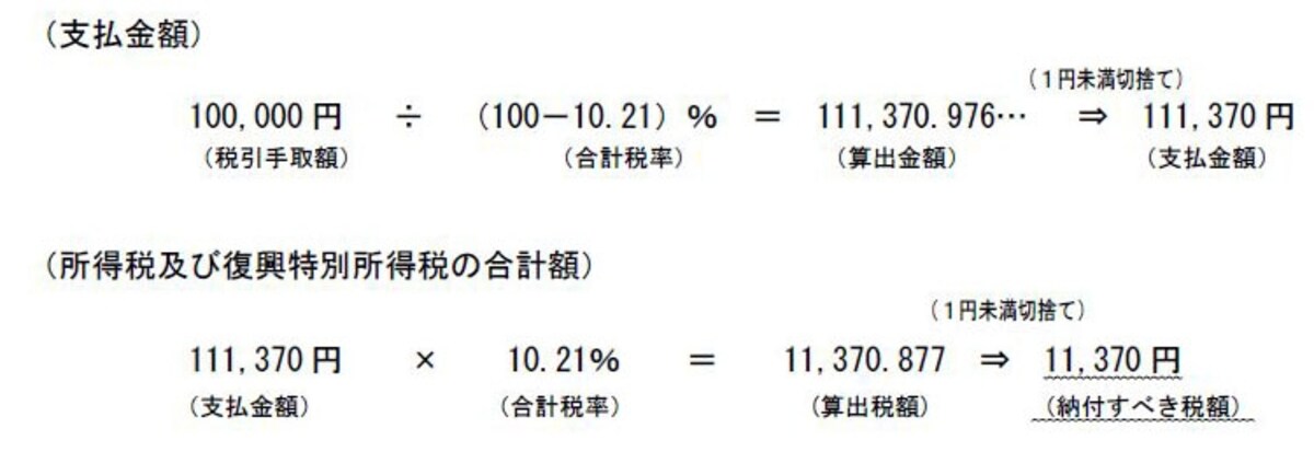 手取りを10万円としたい場合の源泉徴収の方法（出典：国税庁ホームページ）