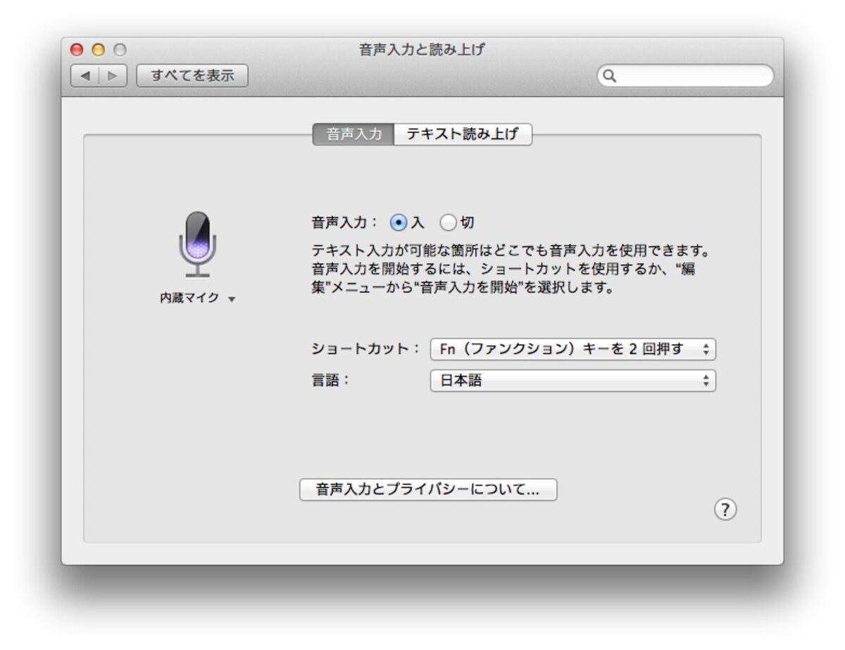 音声入力の設定画面