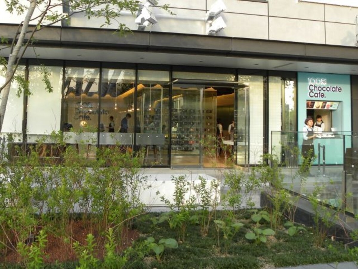 「100％ChocolateCafe.」店内から見えるスカイアリーナの植え込みが緑涼やか