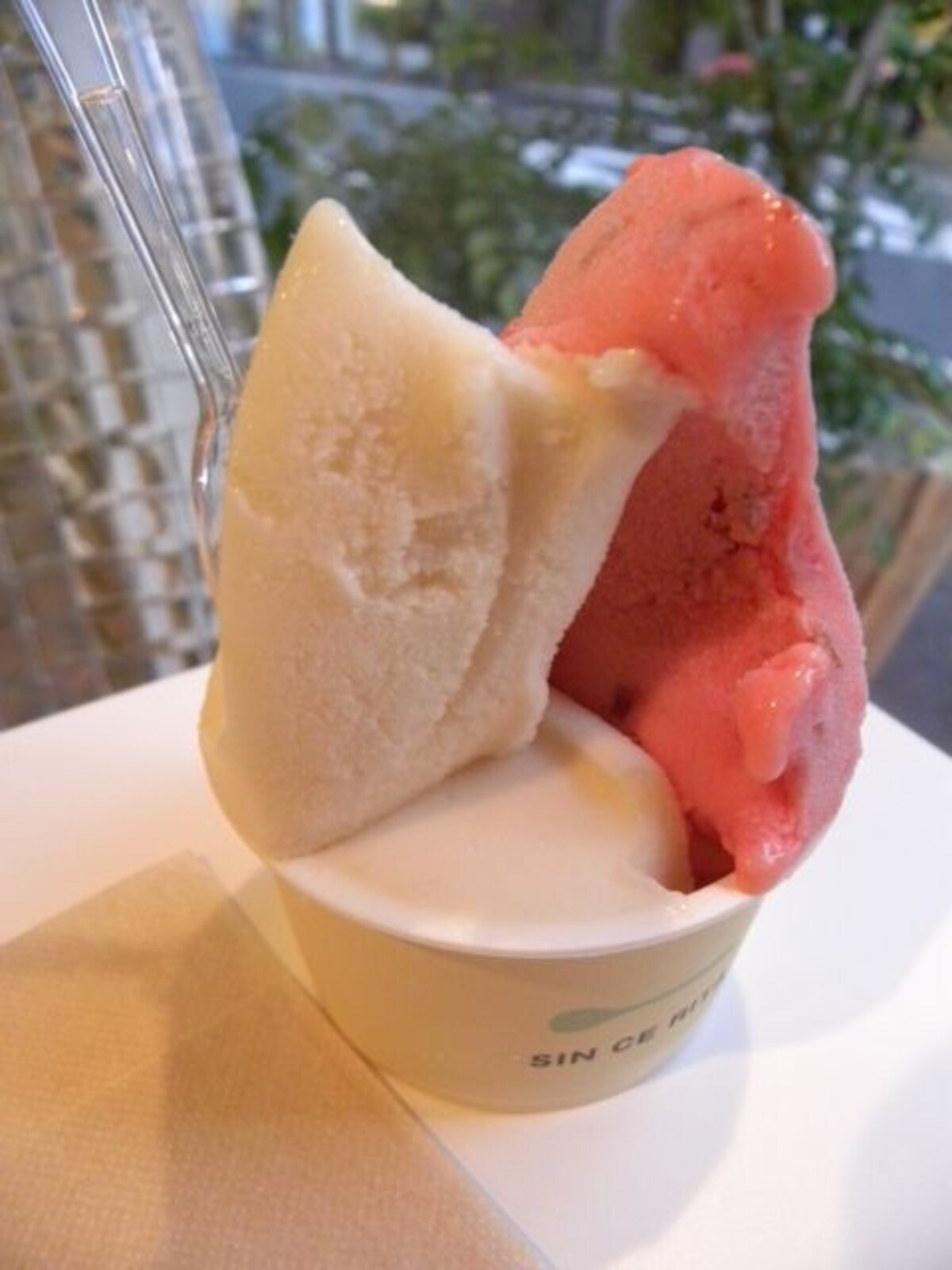 「シンチェリータ」のデュオ（２フレーバー）460円。プラムとペスカ（桃）／ソロ（１フレーバー）420円、トリオ（３フレーバー）500円、コーン（+40円）
