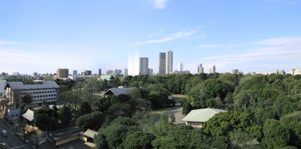 「広大な護国寺の緑を眼下に、副都心・池袋を間近に」　※現地周辺建物（現地より約520m・高さ46m）より護国寺・現地方向を撮影（平成24年2月）した写真に、一部CG処理を施しており、実際とは異なります