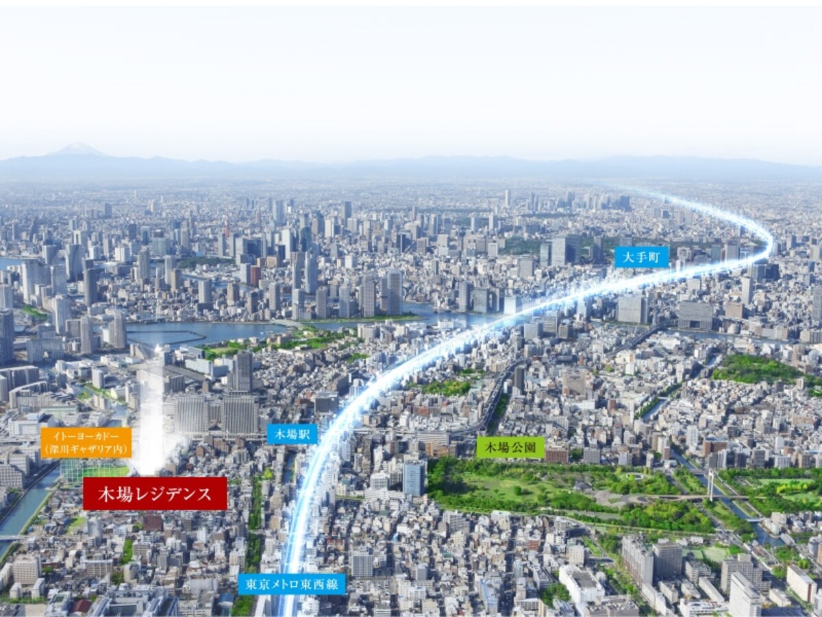 「木場レジデンス」現地周辺から都心「大手町」方面をのぞむ空撮（※2011年11月撮影）