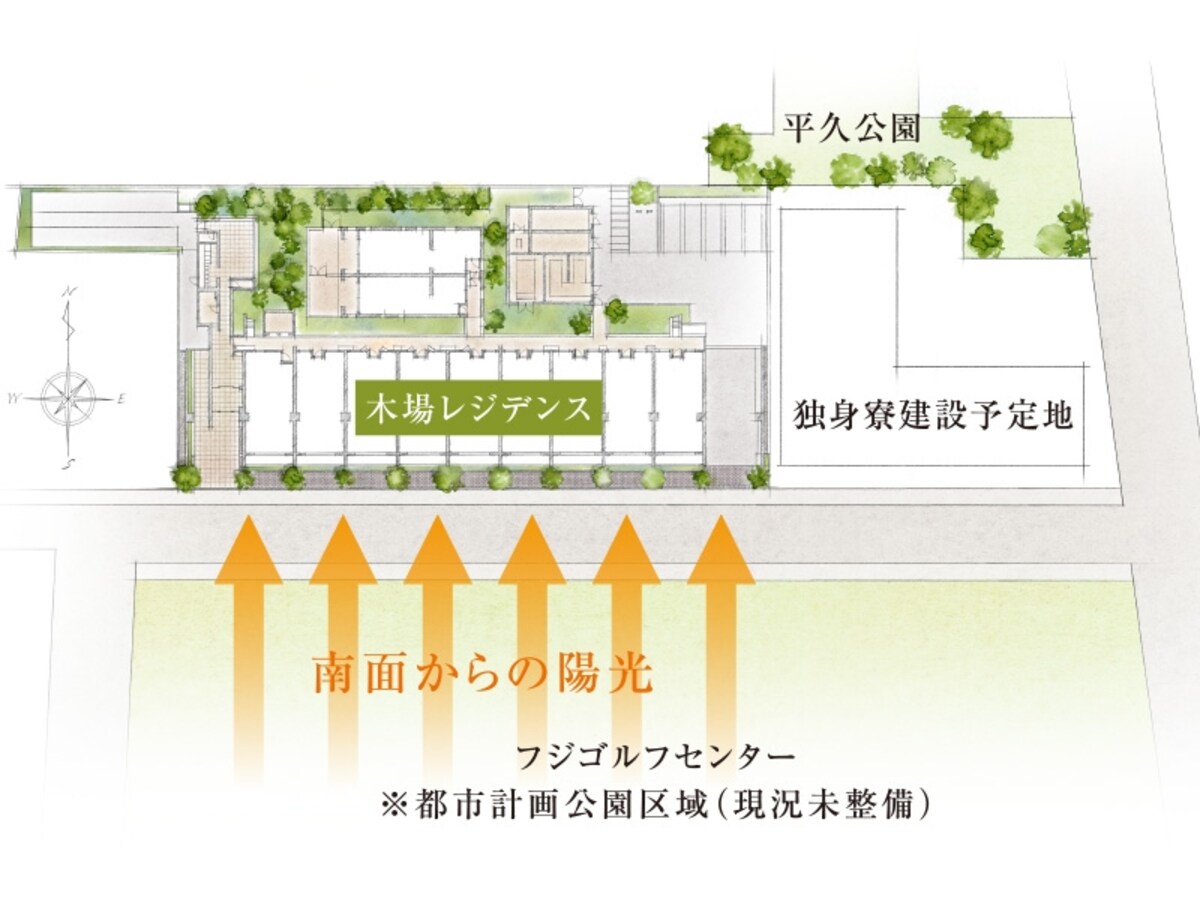 敷地配置イラスト（※図面を基に描き起こしたもので実際とは異なります。なお、外観形状の細部、設備機器当は表現しておりません。都市計画公園は計画変更が行われる場合があります。また、将来に渡って建物が建たないことを保証するものではありません。）
