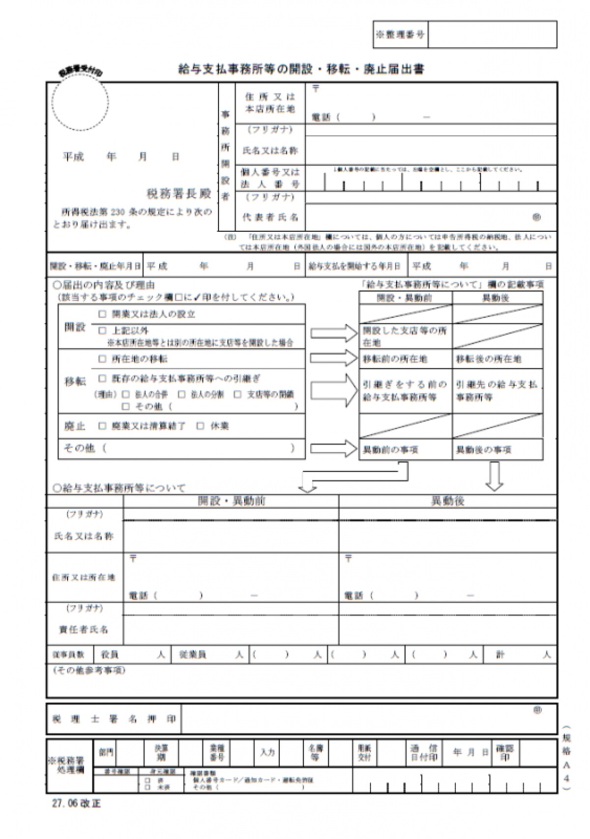 給与支払事務所等の開設・移転・廃止届出書（平成28年1月以後提出用）