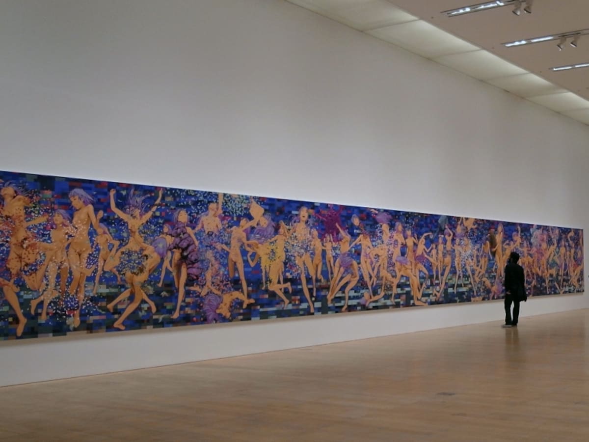 『ジャンブル・オブ・100 フラワーズ』2012年- アクリル絵画、キャンパス 200x1750cm  「会田誠展 天才でごめんなさい」展示風景 森美術館 2012/11/17-2013/02/31 Courtesy:Mizuma Art Gallery