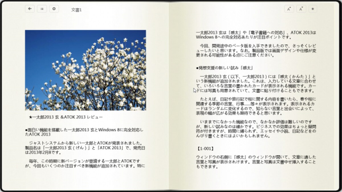 WindowsストアでEPUBファイルを表示できる無料のアプリを入手し、表示してみました。一太郎で作った文書が電子書籍として表示されました