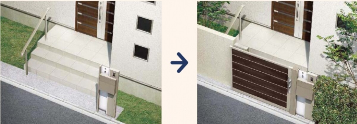 玄関アプローチに階段があったり、敷地が狭い場合などにも取り入れることができる。　[アウタースライド]　LIXIL　http://www.lixil.co.jp/