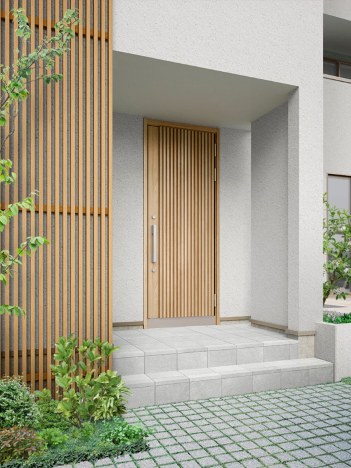高い断熱性能を持つ玄関ドア。カードや携帯、ボタンでの解錠、近づくだけでの解錠と、ライフスタイルに合わせて選ぶことができる。　[TOSTEMグランデル２（施工例）152　片開き　オーク（スタンダード仕様）ミニマル施工例]　 LIXIL 　http://www.lixil.co.jp/