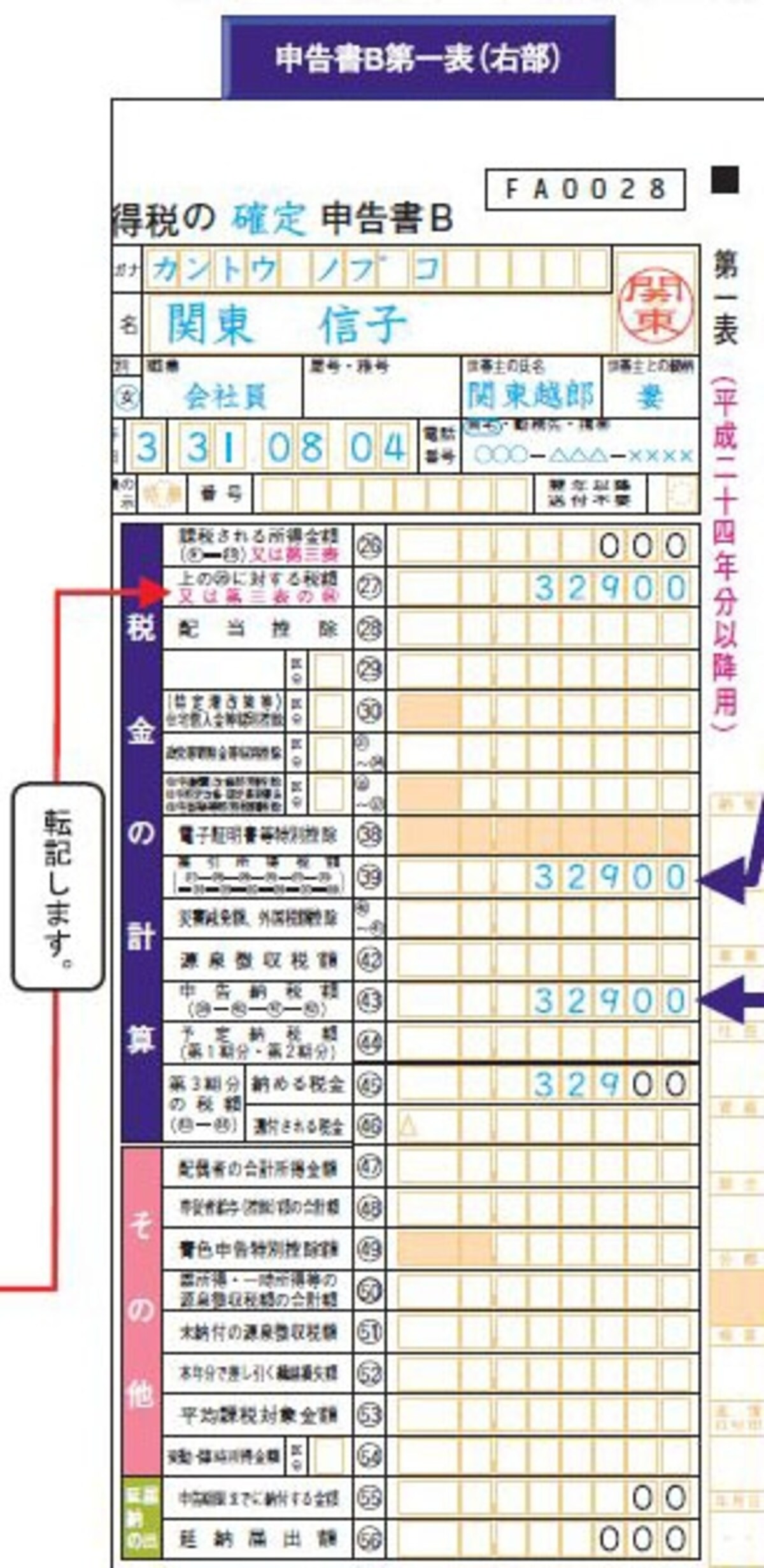 確定申告書Ｂの記載例（出典：国税庁ホームページ）