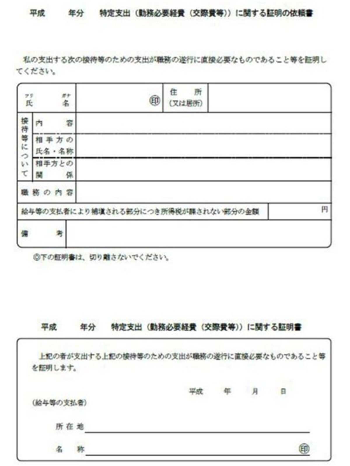 勤務必要経費に関する証明の依頼書のフォーマット（出典：国税庁ホームページ）