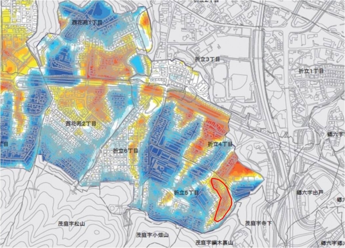 仙台市青葉区折立地区の切り土・盛り土図（一部）。赤丸はガイドが追記。