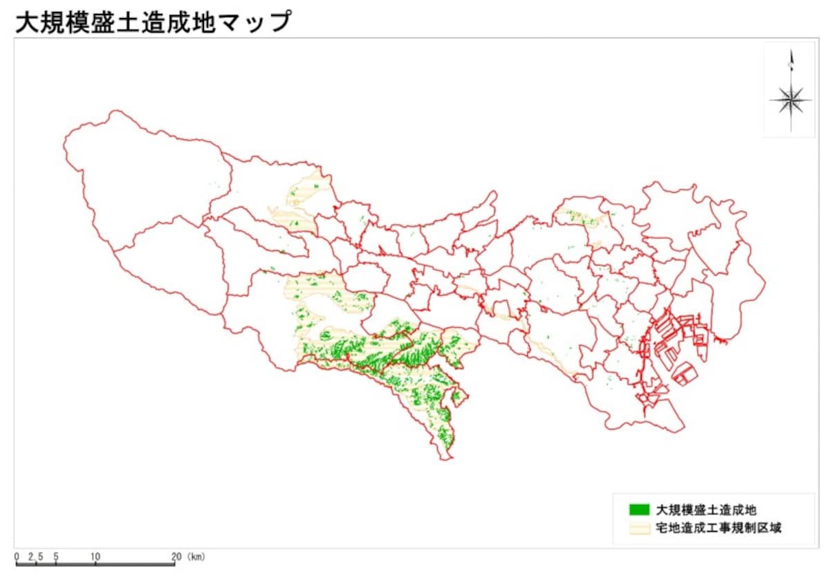 東京都全体の大規模盛土造成地マップ（出典：東京都都市整備局）