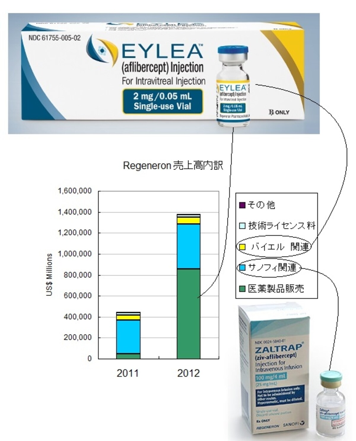 主力製品の「Eylea」は日本でも「アイリーア」という名前でバイエル薬品を通じて滲出型（ウェット型）加齢黄斑変性患者に投与されている
