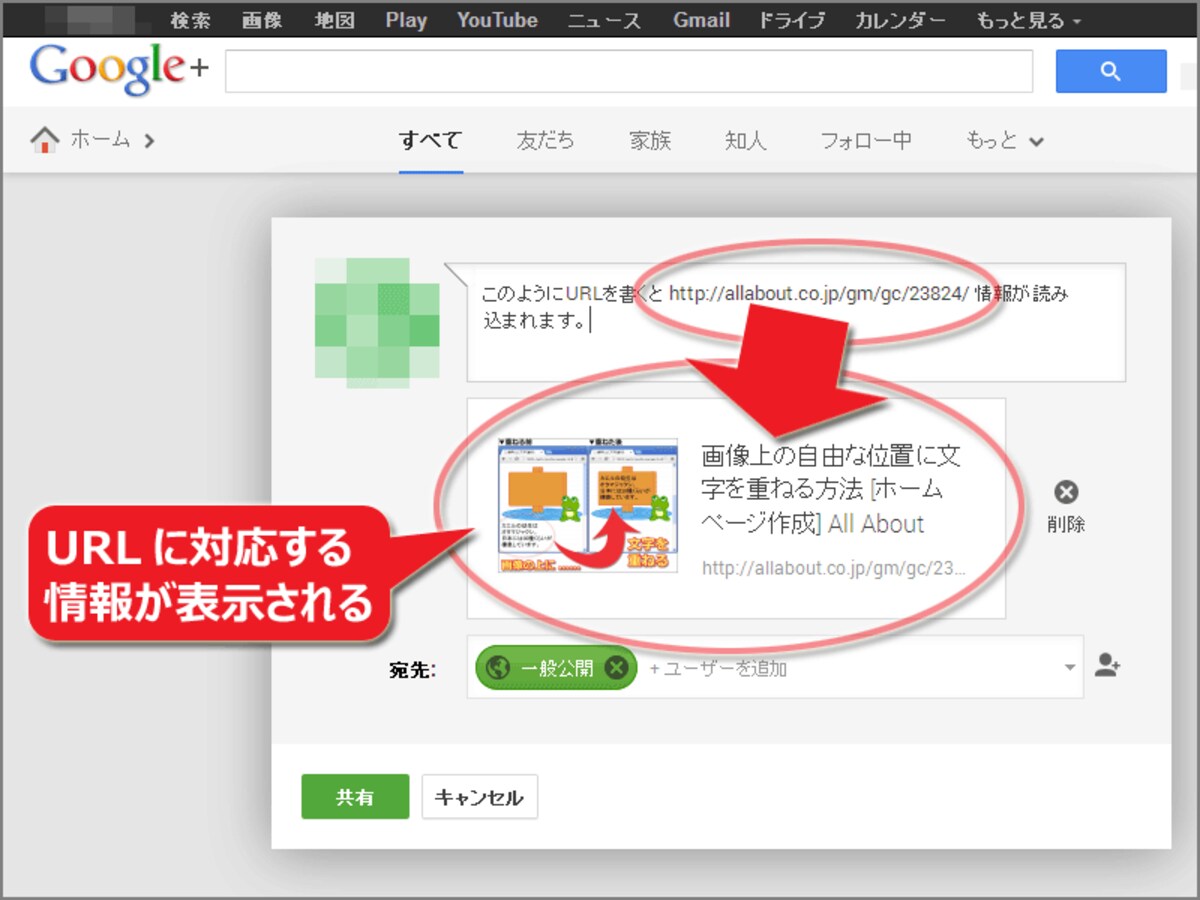 Google＋でも、ページ情報が自動追加される。