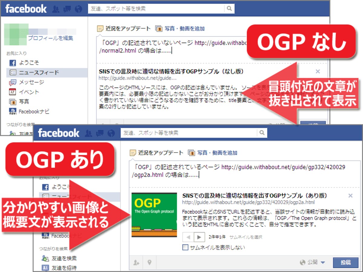 OGPがない場合と、OGPを記述した場合とでの、facebook上での見え方の違い