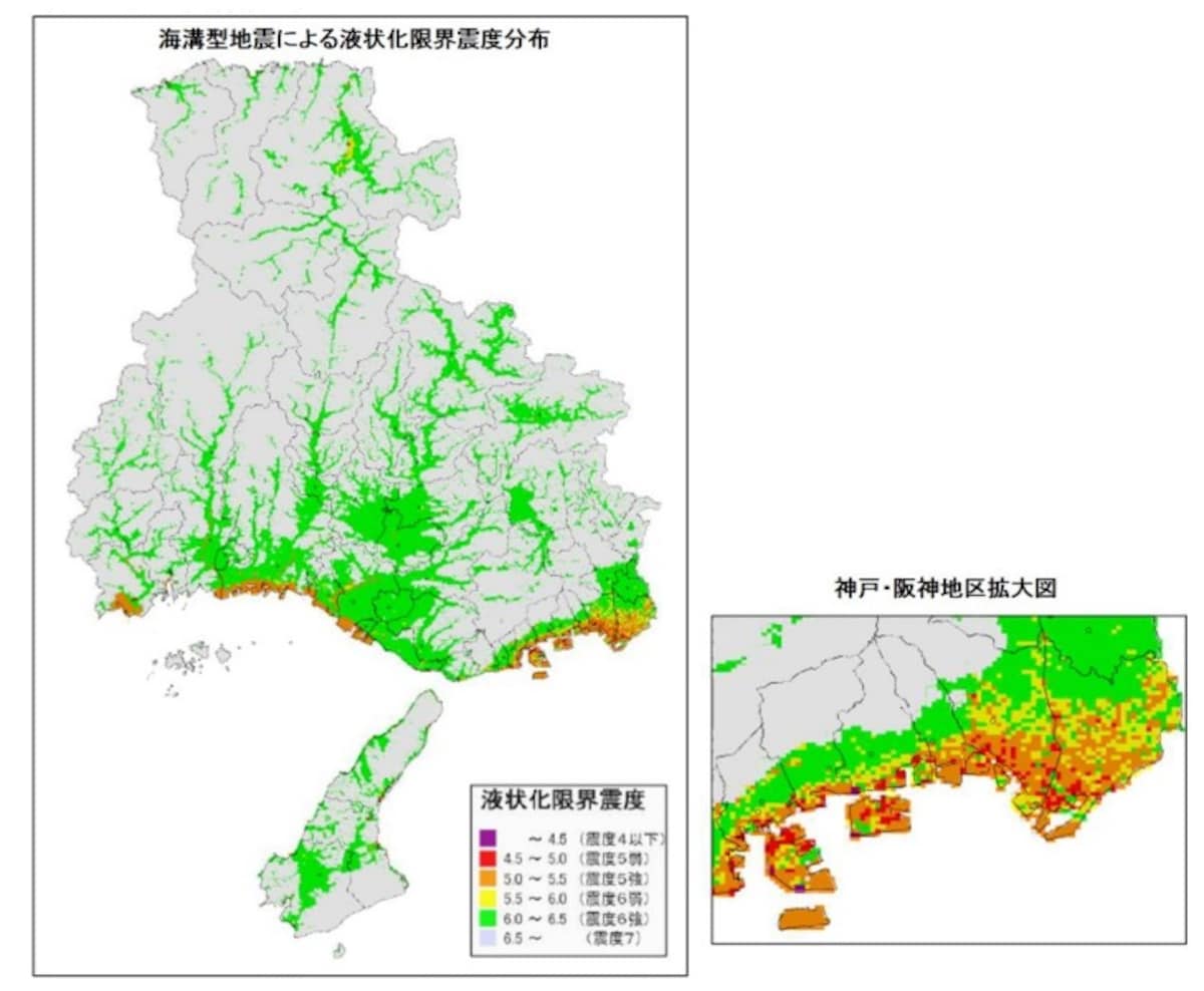 海溝型地震による液状化限界震度分布　（出典：地震動予測結果及び液状化危険度予測結果（概要） 兵庫県）