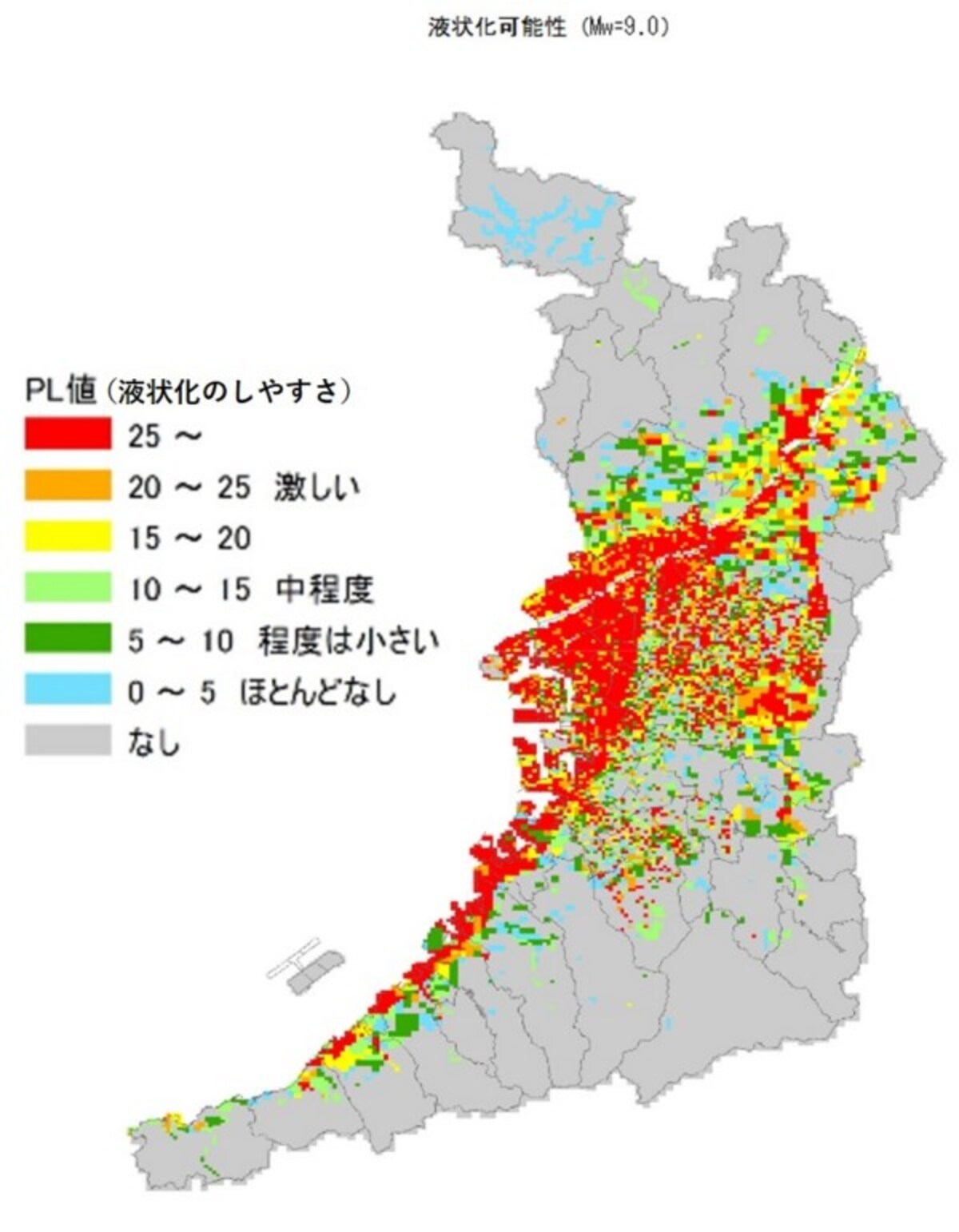 【図1】南海トラフにおいて発生する可能性のある最大級の地震を想定した時の大阪府の液状化可能性　クリックで拡大（出典： 大阪府を元に作成 ）