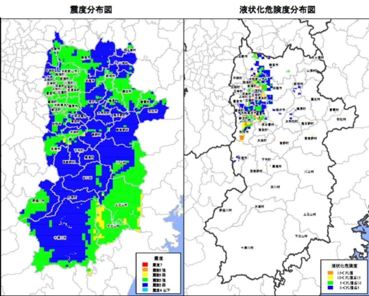 【図6】奈良県　東南海・南海地震同時発生時の震度分布図（左）と液状化危険度分布図（右）（出典：奈良県）