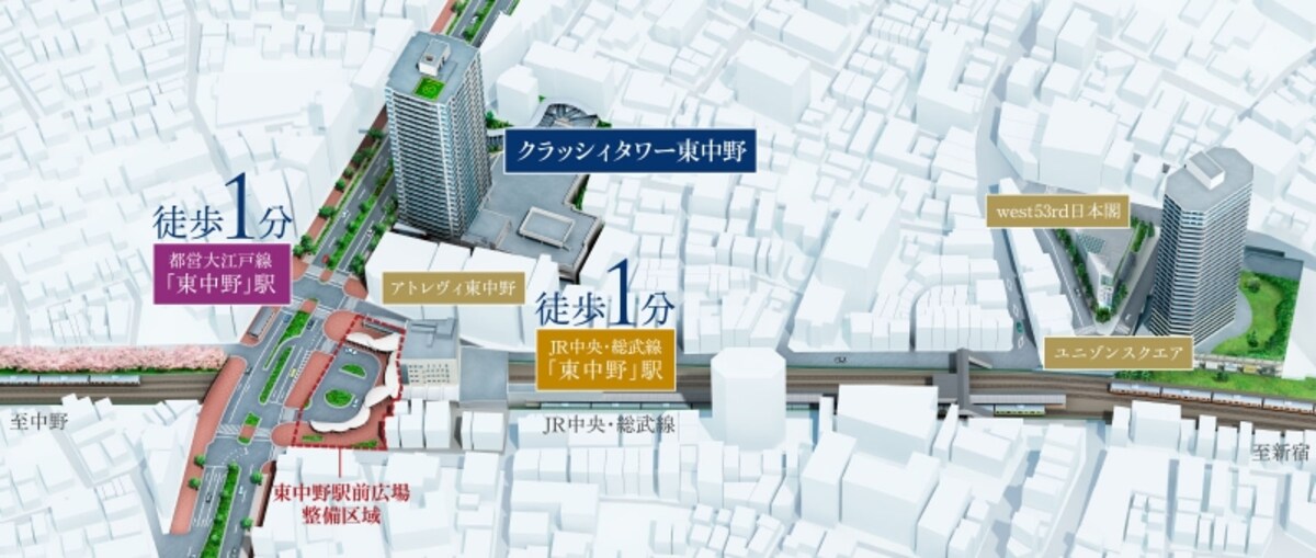 東中野駅前再開発完成予想図（※計画段階の図面を基に描き起こしたもので実際とは異なります）