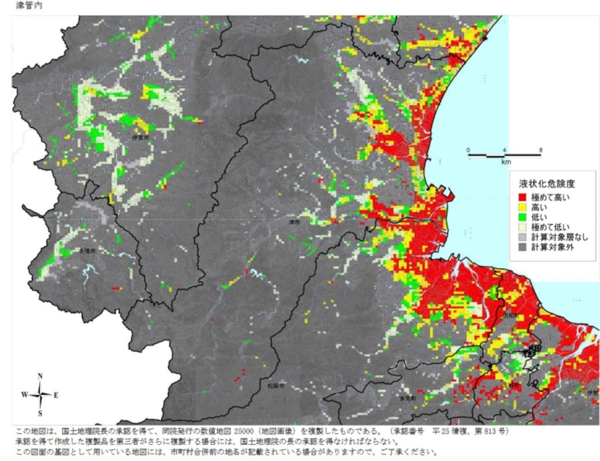 南海トラフ地震（過去最大クラス）が発生した時の津市の液状化危険度予測図（出典：三重県各種防災関連報告書）