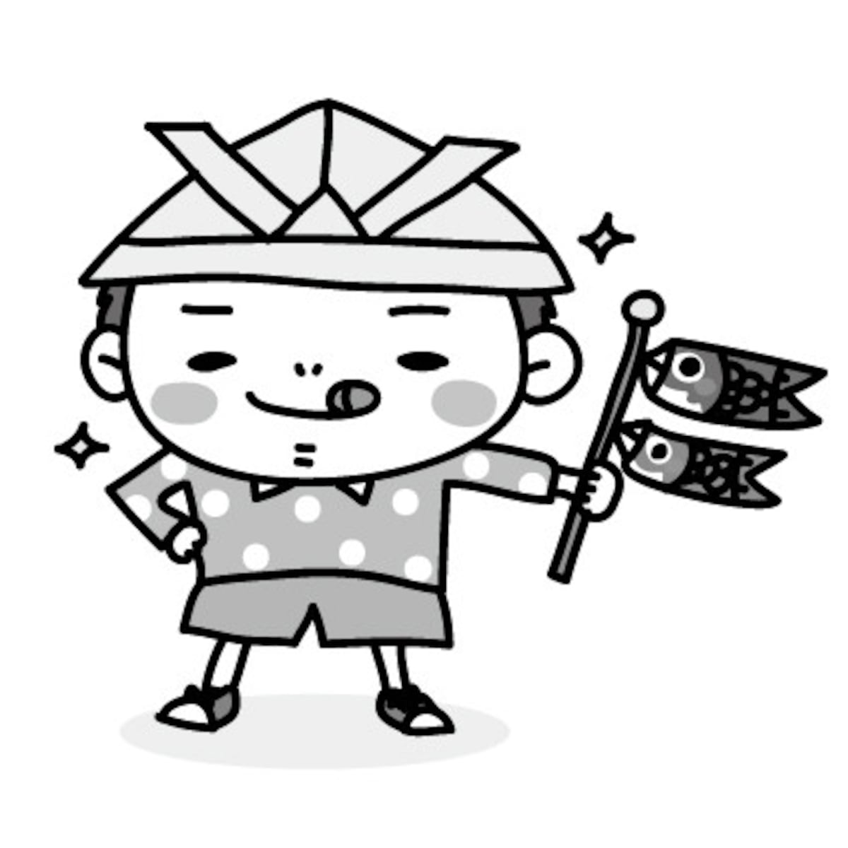 子どもとこいのぼり・鯉のぼりのフリー（無料）イラスト【白黒】