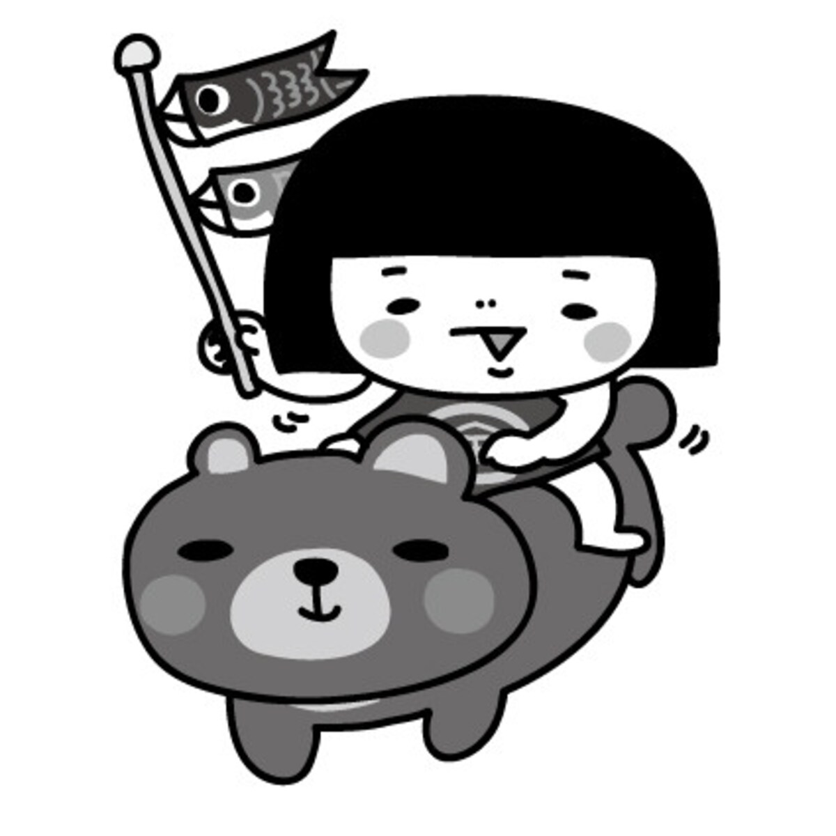 金太郎とこいのぼり・鯉のぼりのフリー（無料）イラスト【白黒】