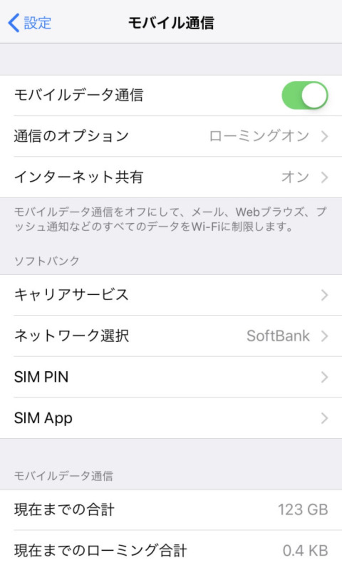 海外でiPhoneを使うときの設定画面