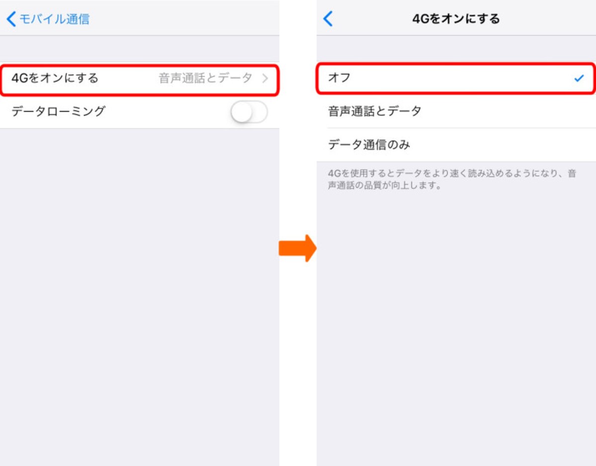 海外でiPhoneを使うときの設定画面