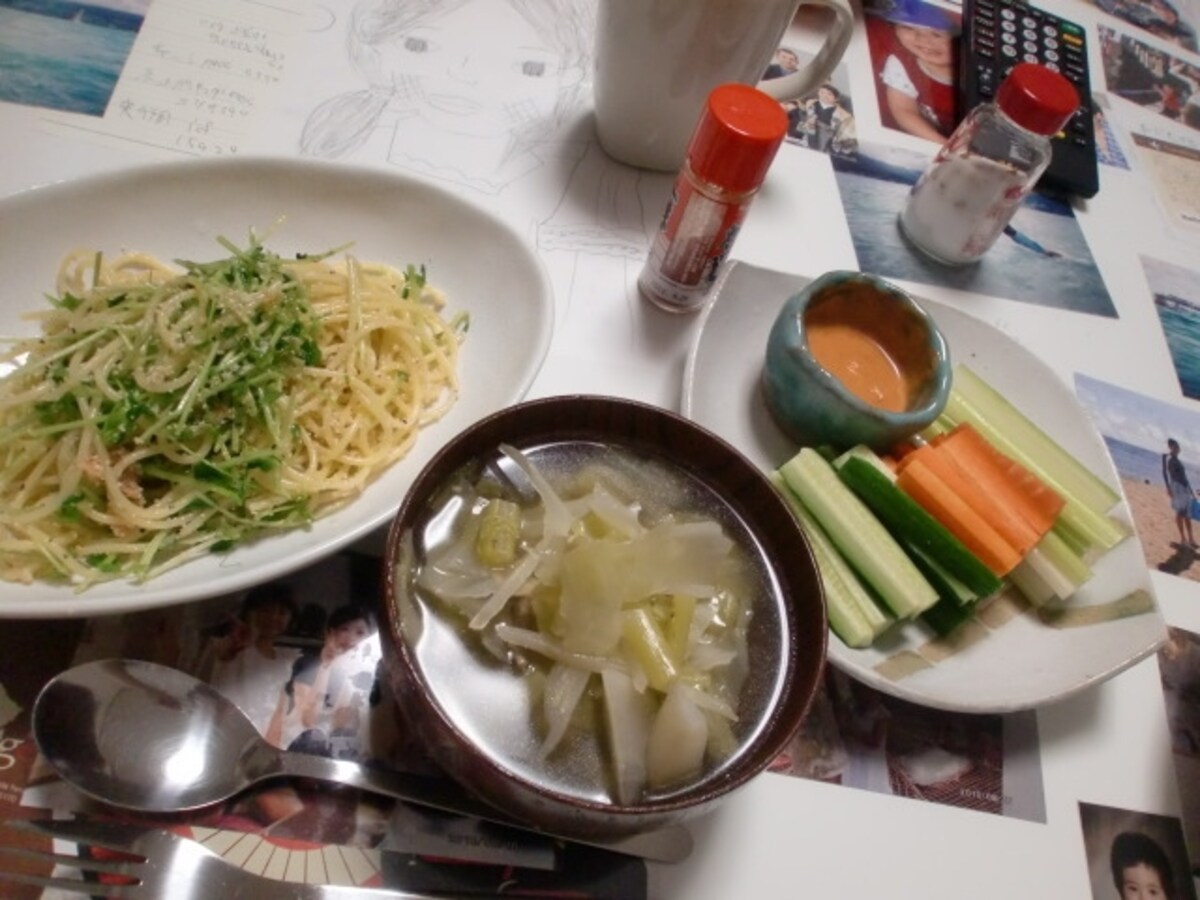 豆苗と明太子のパスタ　