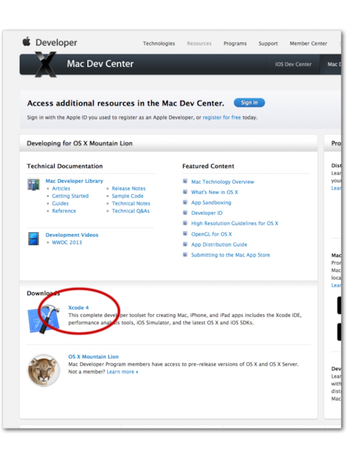 Apple 「Mac Dev Center」トップページ