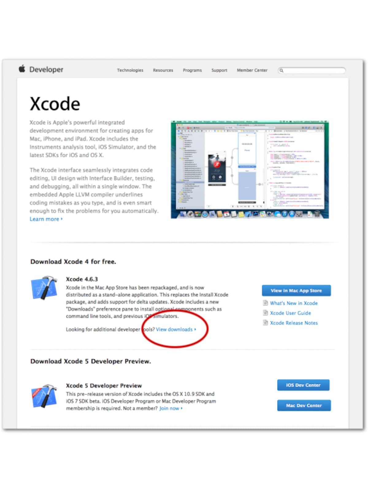Apple Xcode ダウンロードへのリンク