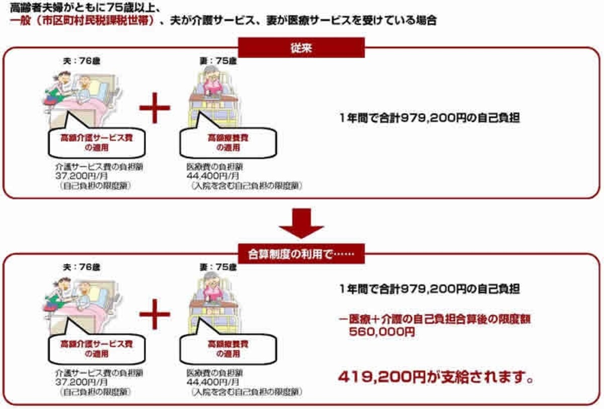 高齢者夫婦がともに75歳以上、一般（市区町村民税課税世帯）、夫が介護サービス、妻が医療サービスを受けている場合