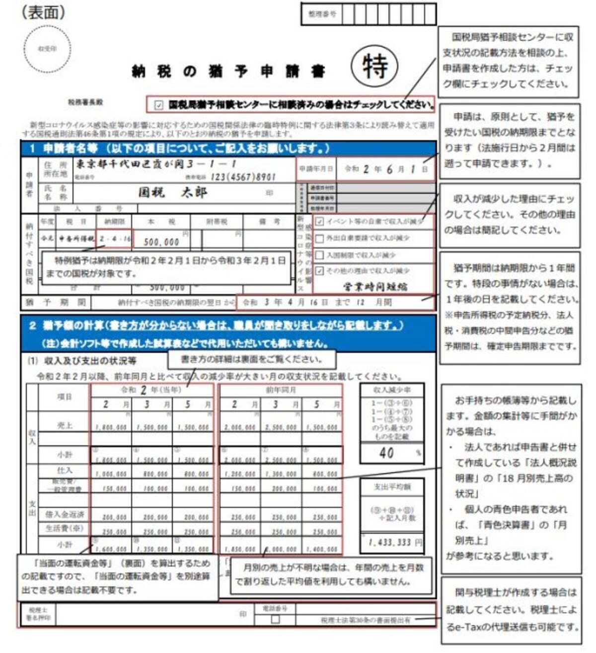 納税の猶予の特例猶予の記載方法　（出典：国税庁資料より）