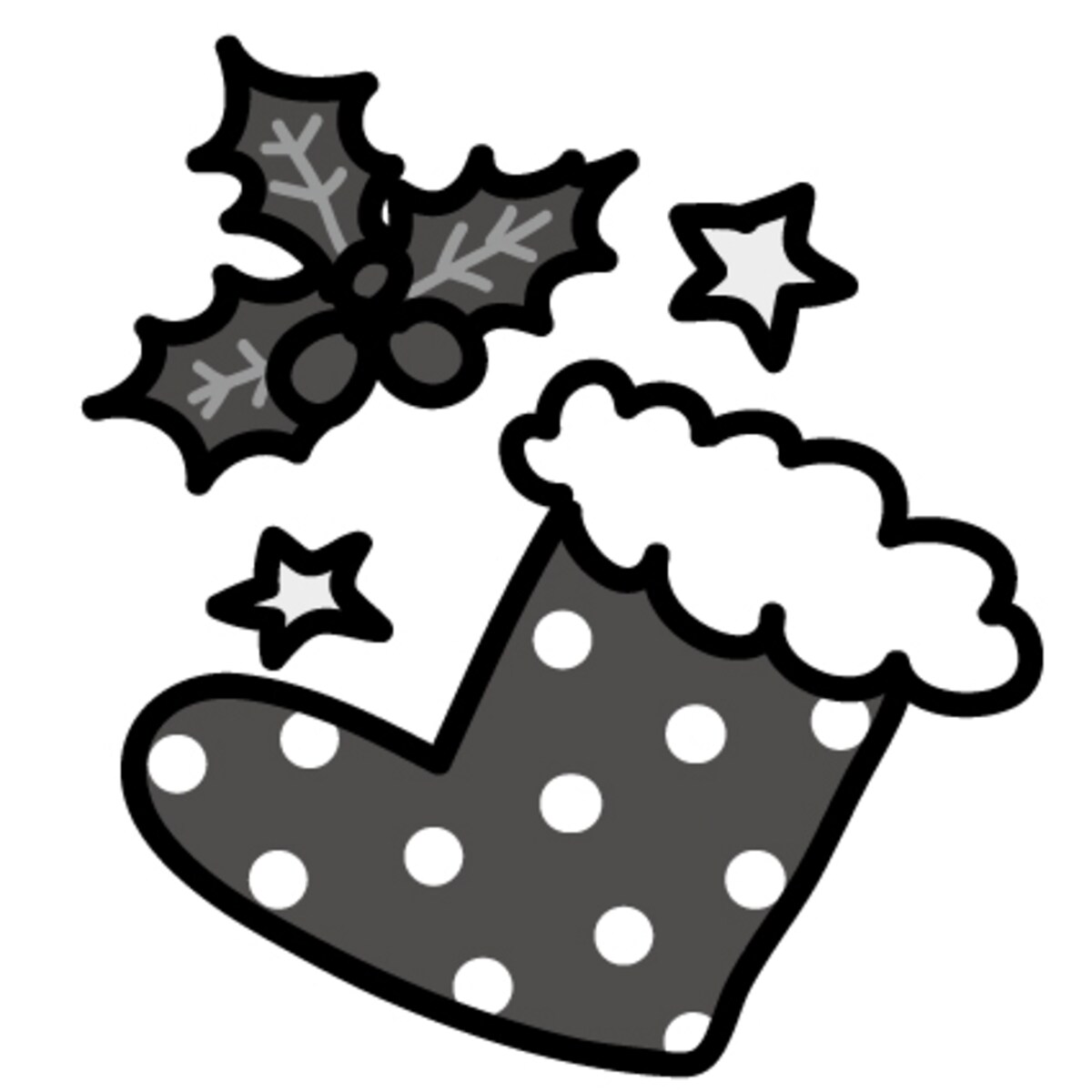 赤い靴下とヒイラギ　クリスマス　イラスト　白黒　かわいい