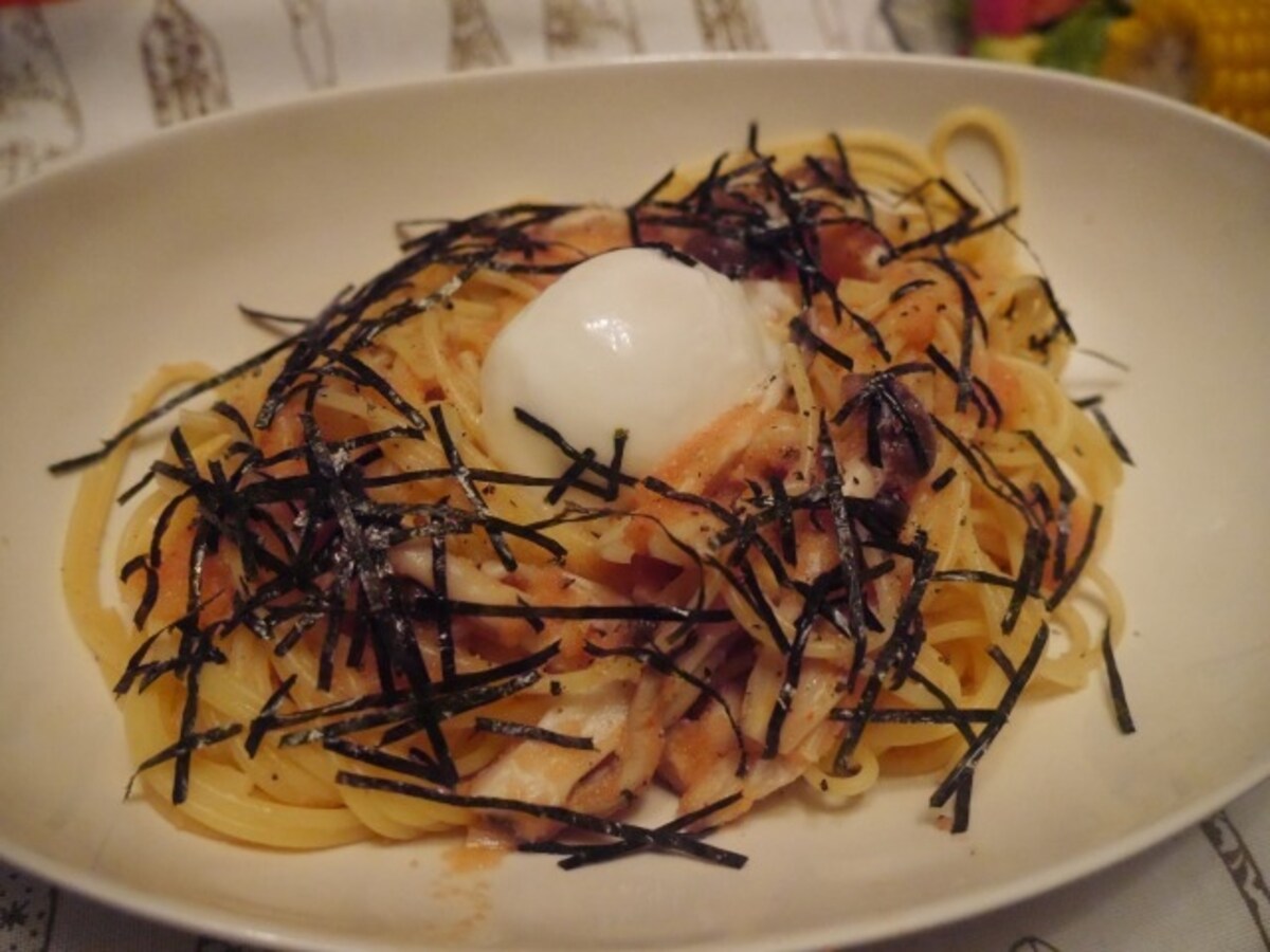 温泉卵と明太子パスタ