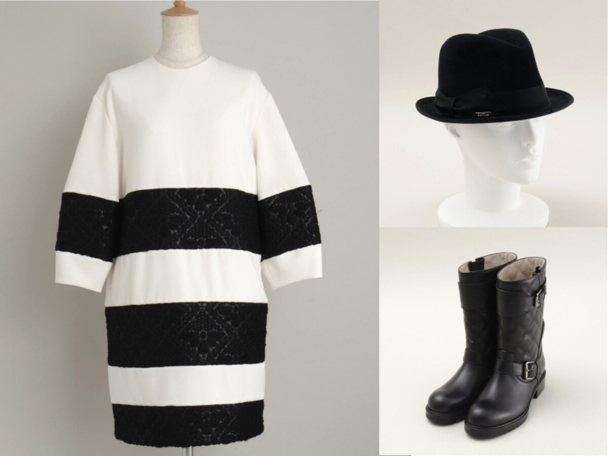 muller of yoshiokubo(ミュラーオブヨシオクボ) ウール刺繍 ボーダー切替 ワンピース（13AW）、Super Duper(スーパードゥパー) ファー フェルト 中折れ ショート ハット ブラック（13AW）、MARC JACOBS(マークジェイコブス) キルティング レザー エンジニア ブーツ（13AW）