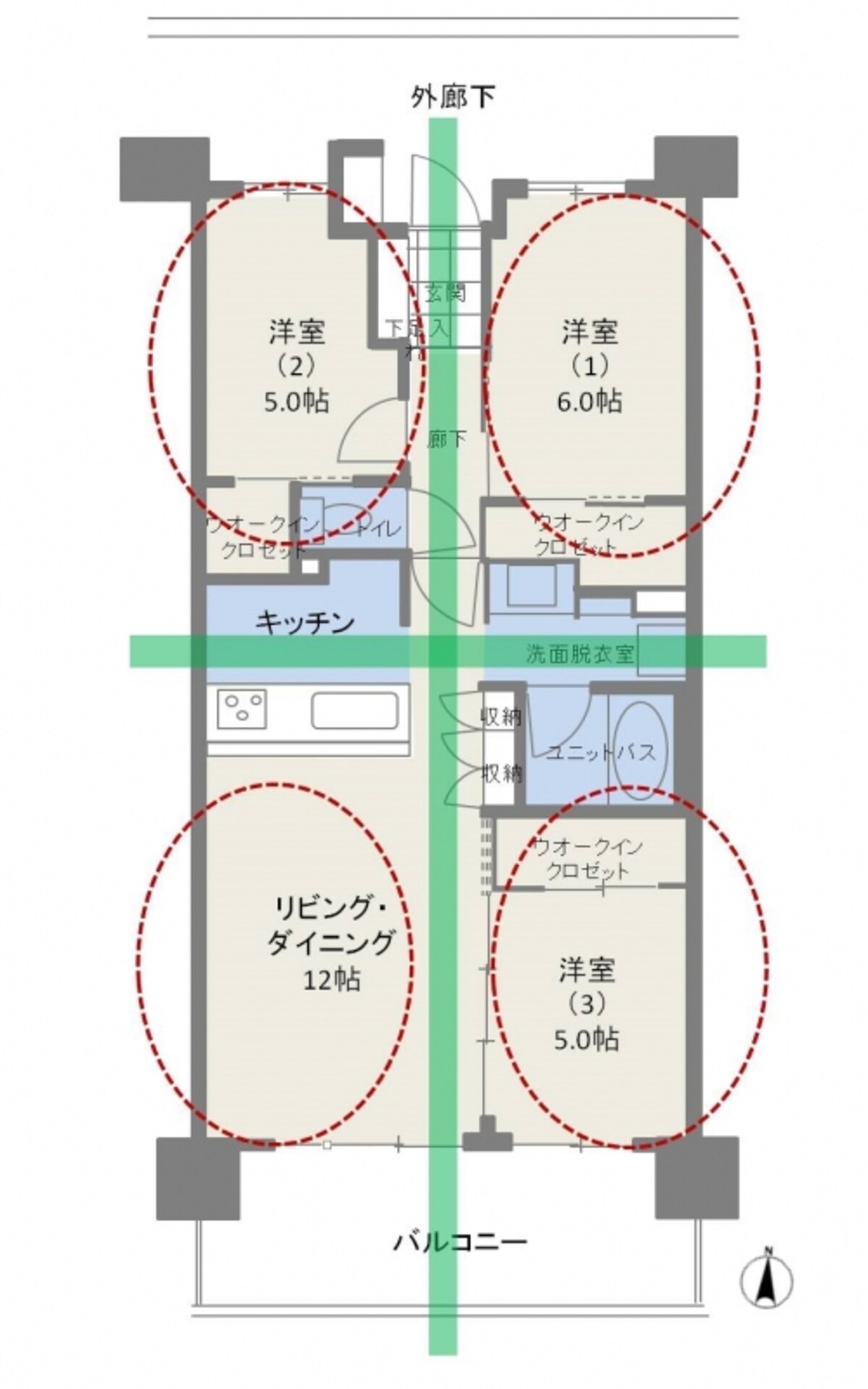 【図2】居室が田の字のように振り分けられていることから「田の字プラン」と呼ばれます。