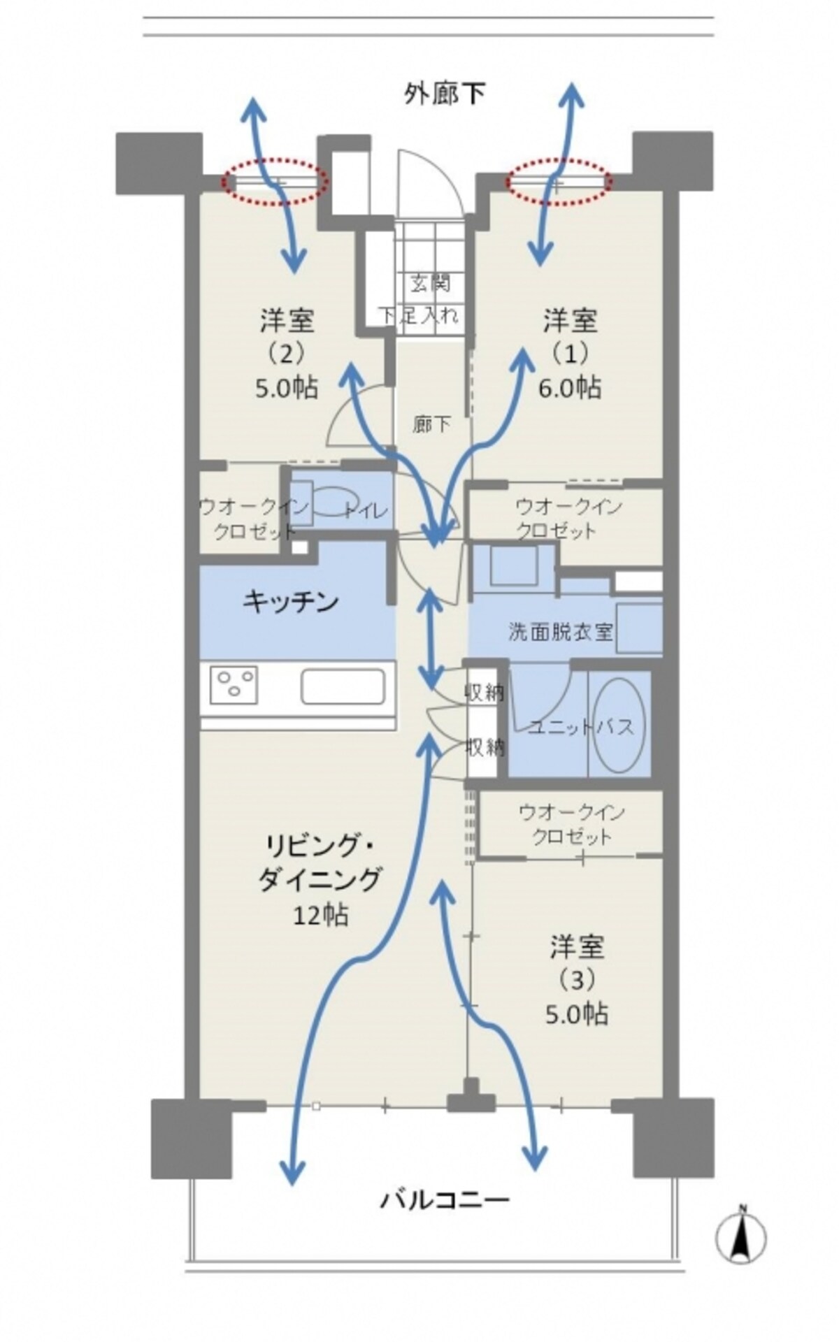 【図3】田の字プランの風の流れ