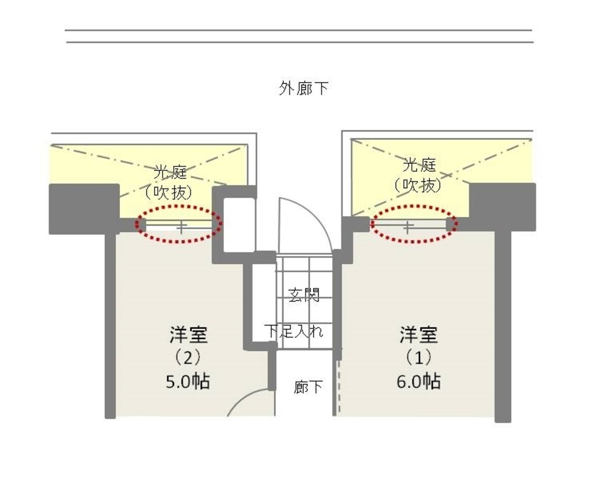 【図4】外廊下側に光庭（吹抜）を設けた間取りならプライバシー性が高くなる。