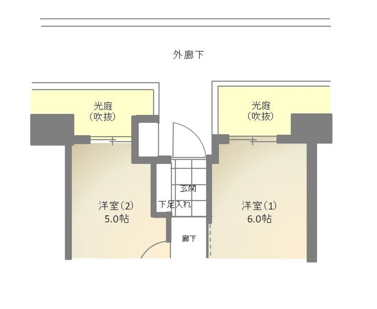 【図4】外廊下側に光庭（吹抜）を設けた間取りならプライバシー性が高くなる。