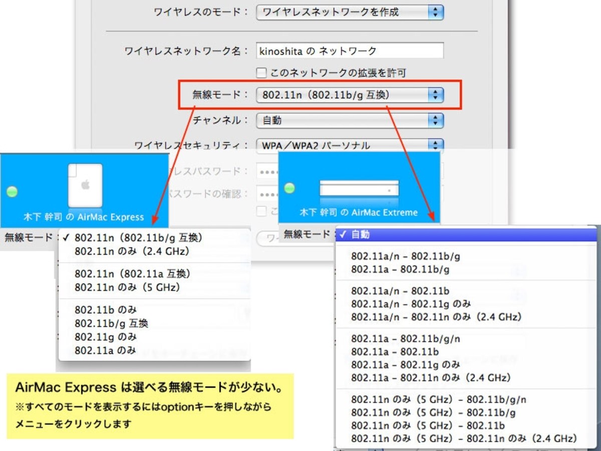 無線モードの選択：AirMac Express と AirMac Extreme/Time Machineでは選択できる組み合わせが異なります。なお、このようにすべての選択肢を表示させるには、Macではoptionキー、WindowsではCtrlキーを押しながらクリックします（クリックで拡大）
