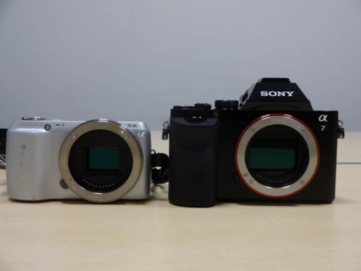 ソニーNEX-C3と比較写真。APS-Cセンサーとフルサイズセンサーの大きさの違いがわかります。
