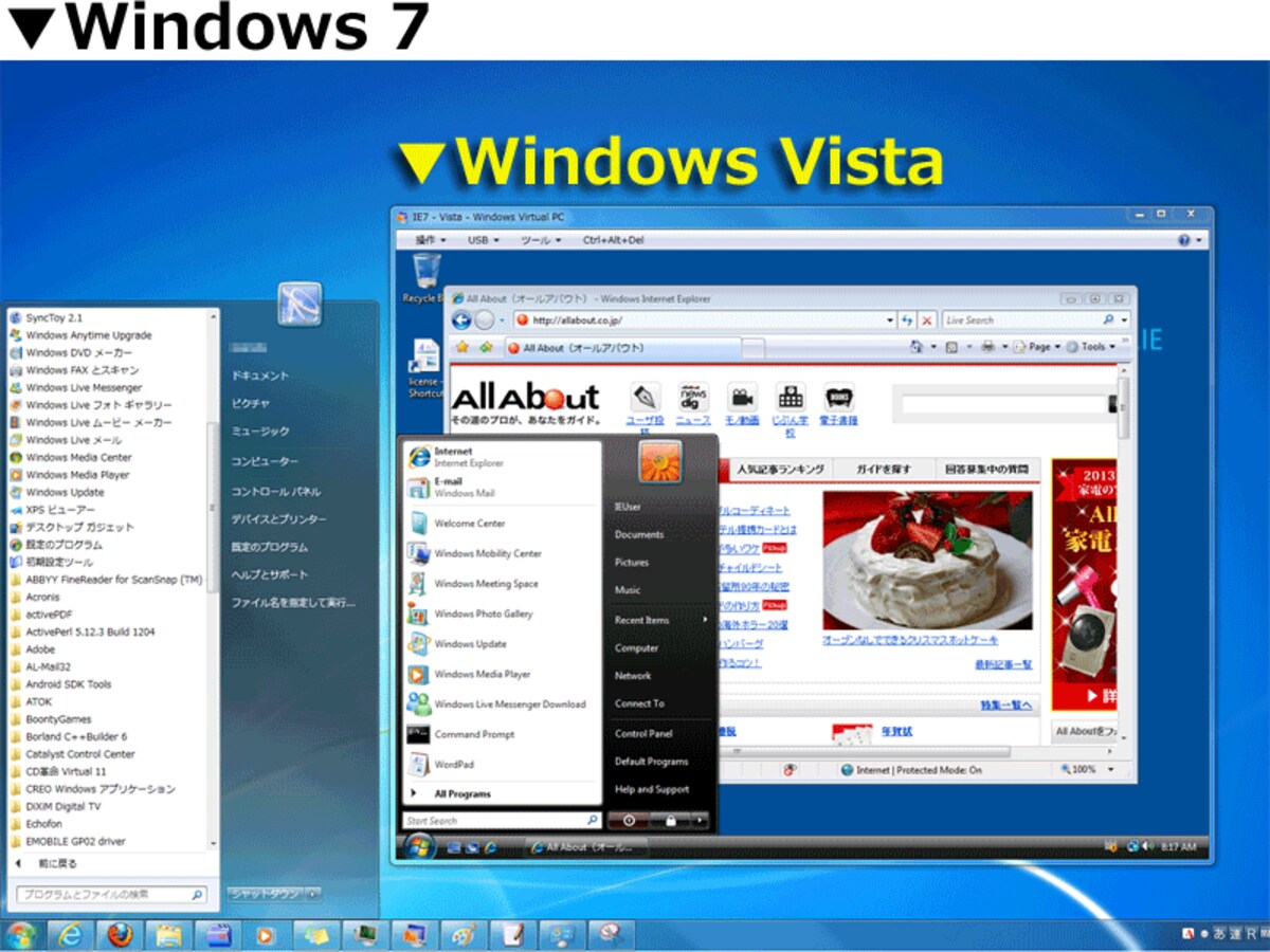 Windows7上で、Windows Vistaを起動し、古いIEで表示確認