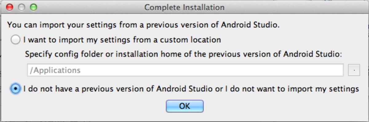 以前のバージョンのAndroid Studioがある場合にはパスを指定してアップデートする
