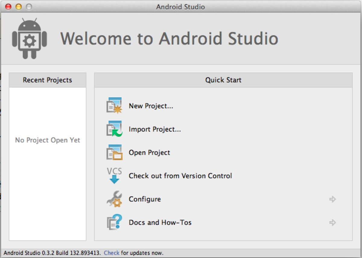 Android Studioのスタート画面。ここで新規にアプリを作ったり、今までに作ったアプリを読み込んだりする