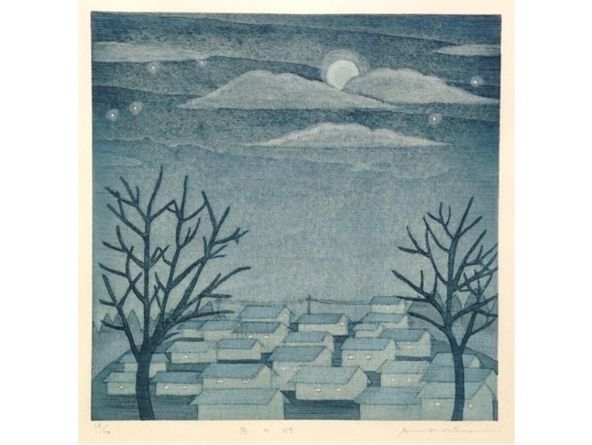 鈴木敦子《窓の灯》　木版画