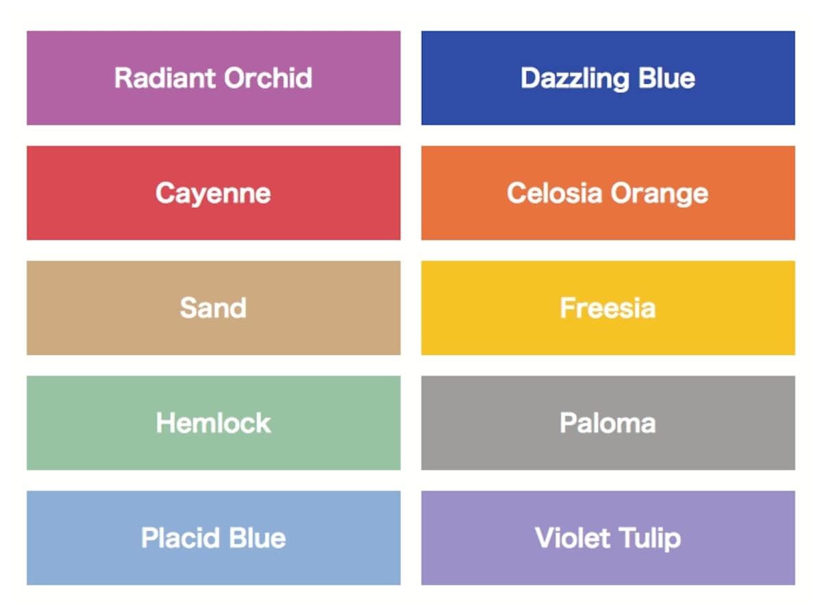 PANTONEの“FASHION COLOR REPORT SPRING 2014”では、ラディアント・オーキッドの他に、ダズリング・ブルー、カイエンなど、注目すべきカラーとして10色がピックアップされています。