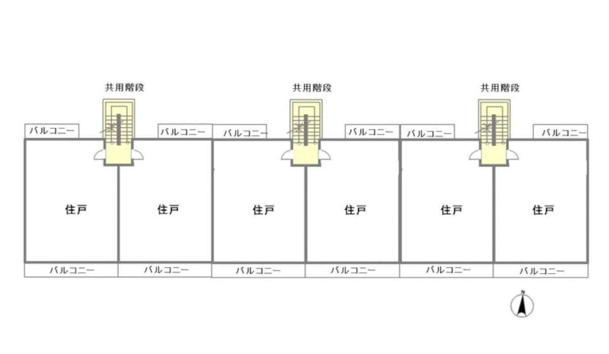 【図1】階段室型の概念図。隣り合う2戸で階段を共有する