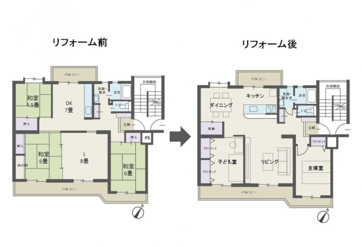 【図3】和室中心の間取りから洋室中心の間取りへ変更した例。
