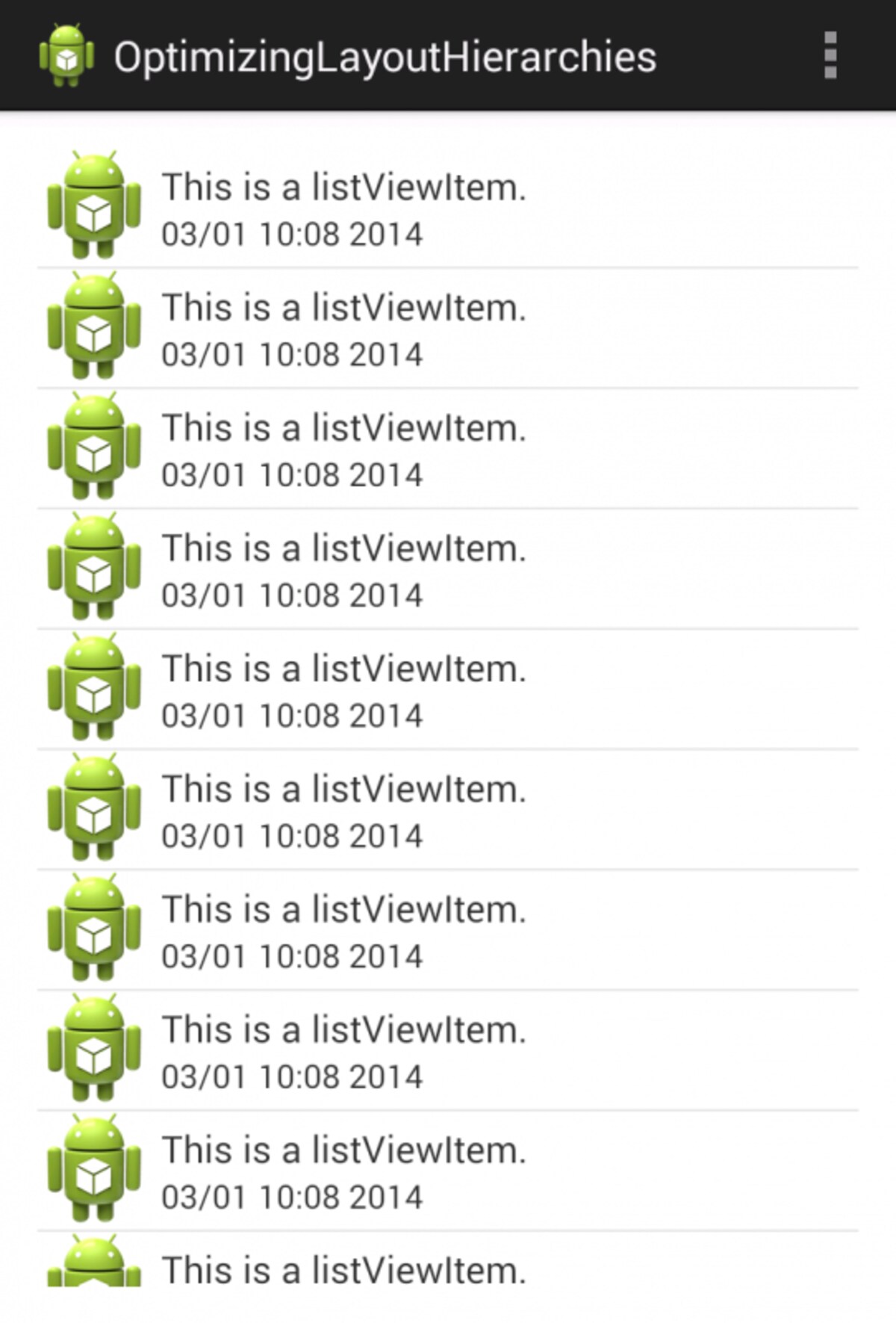 ListViewを表示するアプリ。タイムラインを表示するようなレイアウト構造になっている